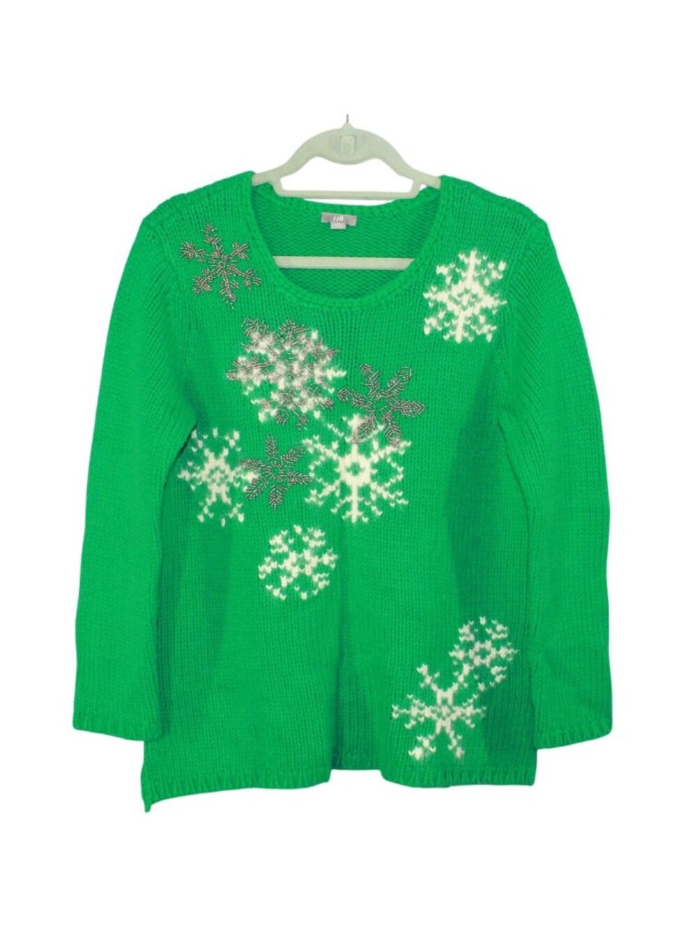 J. Jill Green Mohair Wool Blend Beaded Silver Snowflake Holiday Sweater Medium